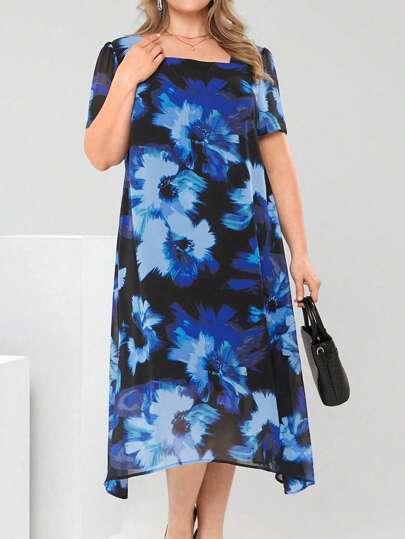 EMERY ROSE Plus Size Women Floral Print Square Neck Short Sleeve High Low Hem Loose Dress Spring Outfits For Women Bridal Shower Dress White Elegant Chiffon Floral