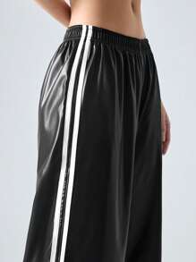 LYSMO Women's Fall Contrast Color Ribbon Striped Leather Sports Trousers Back To School Season Clothing