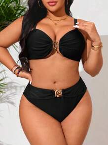 SHEIN Swim Curve Plus Size Women Solid Color Casual Vacation Style Tankini Swimwear Set