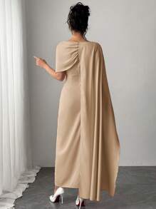 SHEIN Privé Elegant & Romantic Solid Ruffle Detail Long Sleeve Fitted Dress, Lotus Pink - Khaki - View 7