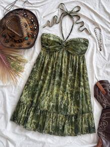 Soleia 女士夏季西部风波西米亚度假佩斯利印花连衣裙、音乐会狂欢节巡游服装、生日礼服、前抽绳露背后系带 A 字褶边迷你夏威夷连衣裙、音乐节服装 - 彩色 - 查看 5