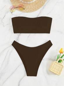 SHEIN Swim 女士 2 件纯色比基尼泳装套装，抹胸上衣和三角泳裤 - 棕色 - 查看 8