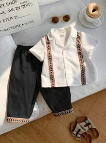 SHEIN 2 件套婴儿套装：条纹领短袖开衫上衣和松紧腰裤，适合男婴和女婴 - 黑與白 - 查看 1