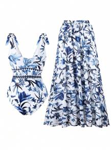 Swim Oasis Traje de baño de una pieza con cuello en V, estampado floral azul, diseño halter y espalda descubierta, con falda transparente. Atuendo de playa de verano de alta gama para mujer
