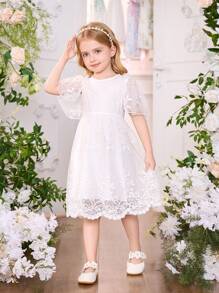 SHEIN Glamorique Kids Vestido de princesa blanco de tul bordado con encaje para niñas, elegante vestido de florista para bodas y ceremonias, adecuado para fiestas de verano y ocasiones de cumpleaños - Blanco - Ver 4