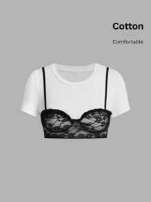 SHEIN ICON Áo thun crop top có tay áo mùa hè có ren tương phản có cổ tròn - Đen và trắng - Xem 3
