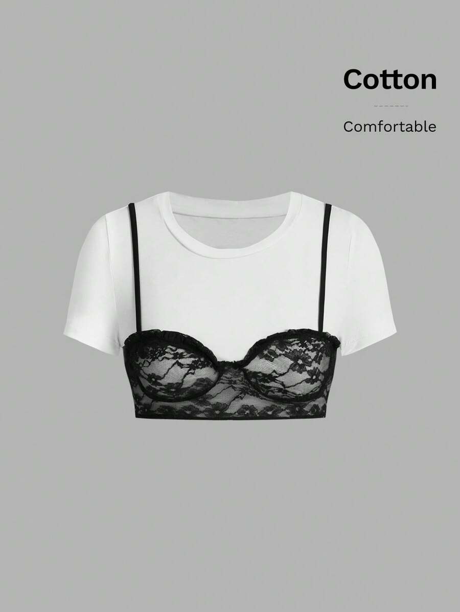 SHEIN ICON Women's Summer Crop Sleeve Contrast Lace Cropped T-Shirt With Round Neck - Black and White - View 1