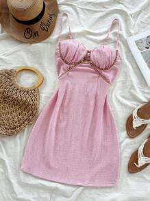 Soleia Bohemian Pink Gold Summer 70s Party Vacation Holiday Beaded Cut-Out Spaghetti Strap Woven Sun Dress For Women,Boho Floral Rave Outfits,Sun - Pink - View 8
