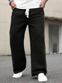 Manfinity Homme 大码男式棉质水洗宽松阔腿牛仔裤，浅灰色 - 黑色 - 查看 5