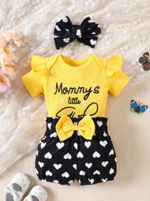 SHEIN 3pcs/Set Toddler Kids Casual Outing Outfit, Includes Bodysuit With Embroidered Cap Sleeves, Long Pants And Headband With Bow