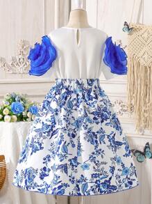 Meisjes vintage jurk met bloemenmouwen en ruches set