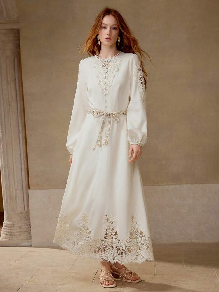 LINEN CONTRAST LACE BELTED DRESS