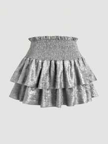 Olithes Falda mini de línea A con volantes en la cintura y el bajo de unicolor para fiestas y eventos del Año Nuevo - Plateado - Ver 2