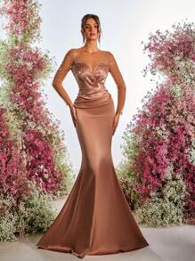 Glamrae 优雅、华丽、浪漫的香槟色奢华烫钻透视长袖修身鱼尾下摆连衣裙适合晚餐单身派对约会度假返校季生日派对婚礼活动晚礼服（重磅款）、婚礼宾客礼服、礼服、长袍 - 香檳色 - 查看 5