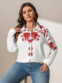 SHEIN LUNE Damen Große Größen Blume Muster, romantischer Urlaubsstil Weißer Blume Muster Langarmhemd, Damenmode für Valentinstag, elegante Mode