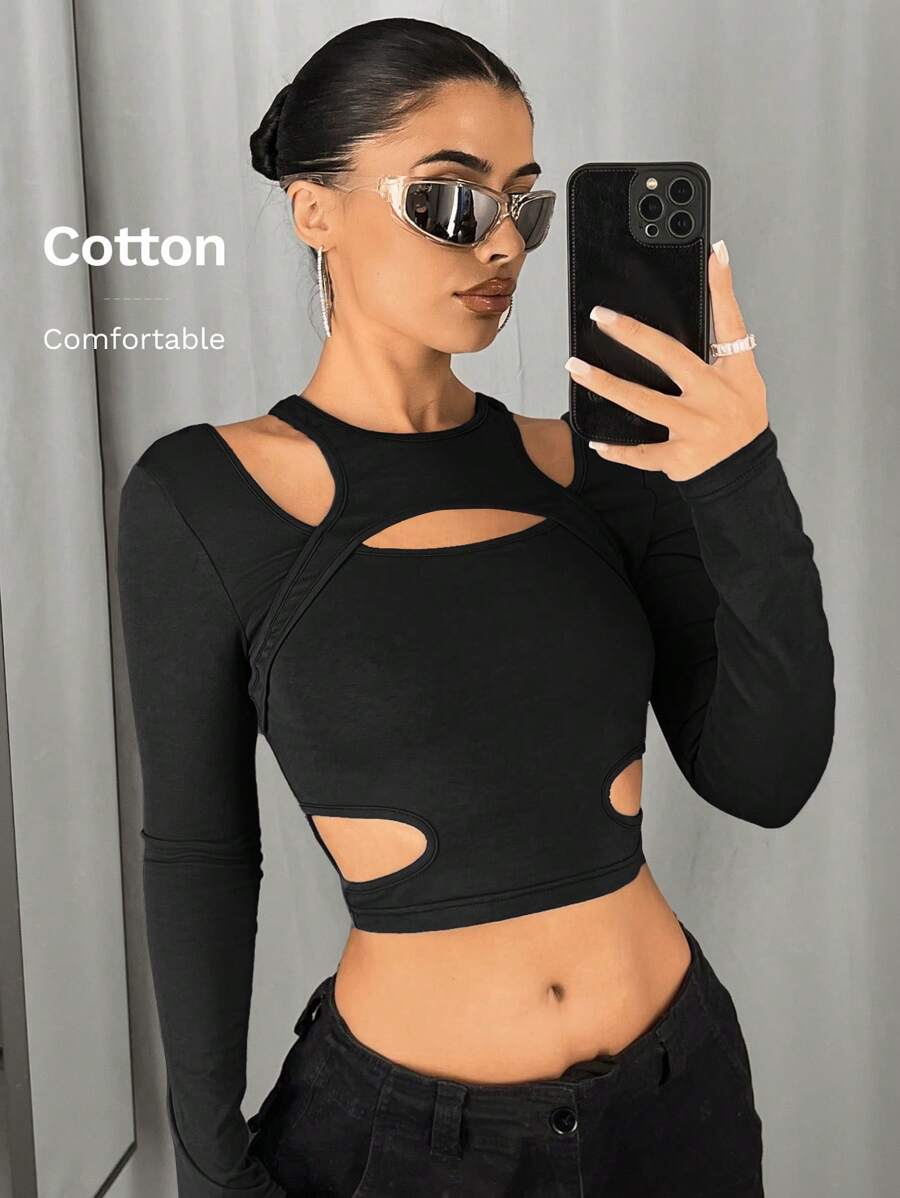 SHEIN ICON Solid Color Cropped Hollow Out T-Shirt - Black - View 1