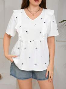 SHEIN LUNE Plus Size Spring/Summer Casual Ditsy Floral Embroidered Ruffle Hem Blouse - White - View 3
