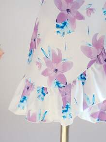 SHEIN 2pcs Tween Girl Floral Print Spaghetti Strap Top And Ruffle Hem Bowknot Skirt Set, Purple - Yellow - View 6