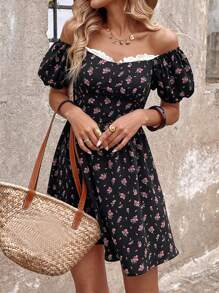 SHEIN LUNE Romantic Ditsy Floral Pleated Mini Dress With Ruffle Hem, Cinched Waist Design, Suitable For Dates, Summer Summer Outfits For Women Sun Dresses For Women Boho Women Summer Resort Wear Women Boho Dress Women Ruffle European Summer Tea Party Dress Fairy Dress Vacation Dress Floral Dress Women - Multicolor - View 4