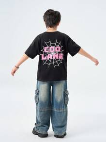SHEIN Camiseta de manga corta informal con estampado de letras personalizado para niño preadolescente en primavera/verano