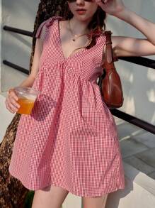 女士春季格子 V 领打结无袖时尚迷你连衣裙