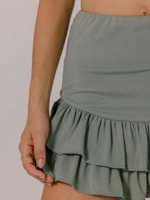 Aralina Women's Casual Solid Color Ruched Crop Tank Top & Ruffled Hem Skirt 2 Pieces Set - Olive Green - View 4