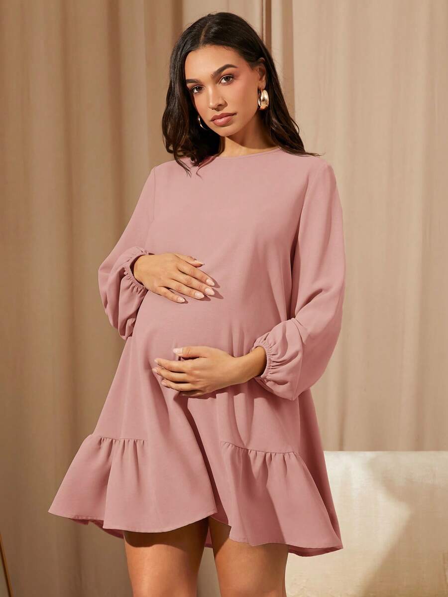 MaterniWear 女士休闲宽松长袖卡其色连衣裙、秋季短裙、秋冬女装、办公室服装、工作服、返校节服装、教师服装、孕妇装 - 粉色 - 查看 1