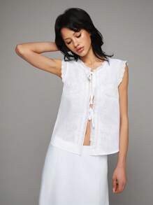 TRNVIE Spring/Summer New White Linen Casual Vacation Blouse For Women, Bow Embroidery French Tie Design With Cap Sleeves - White - View 7