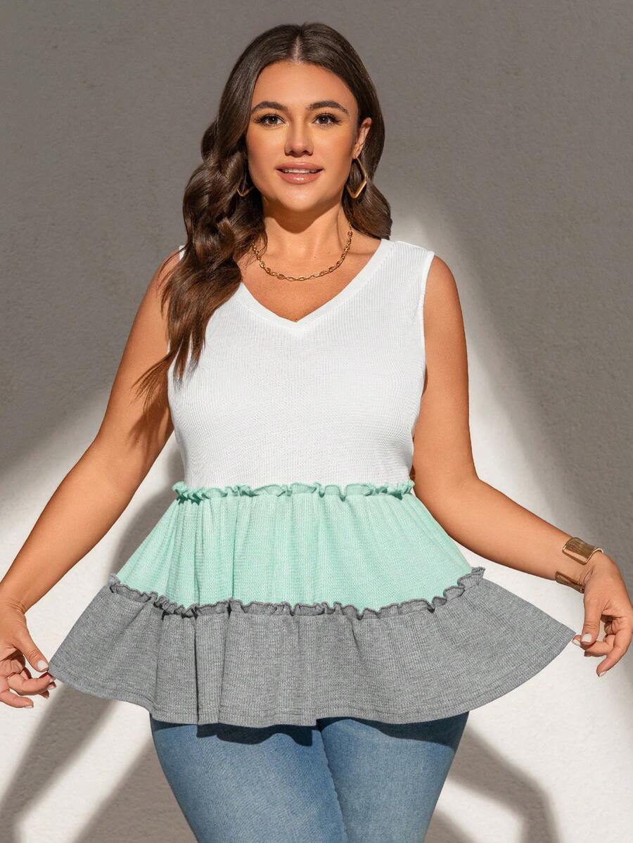 SHEIN LUNE Áo ba lỗ viền bèo nhún màu sắc thường ngày cỡ lớn mùa hè - Nhiều màu - Xem 1