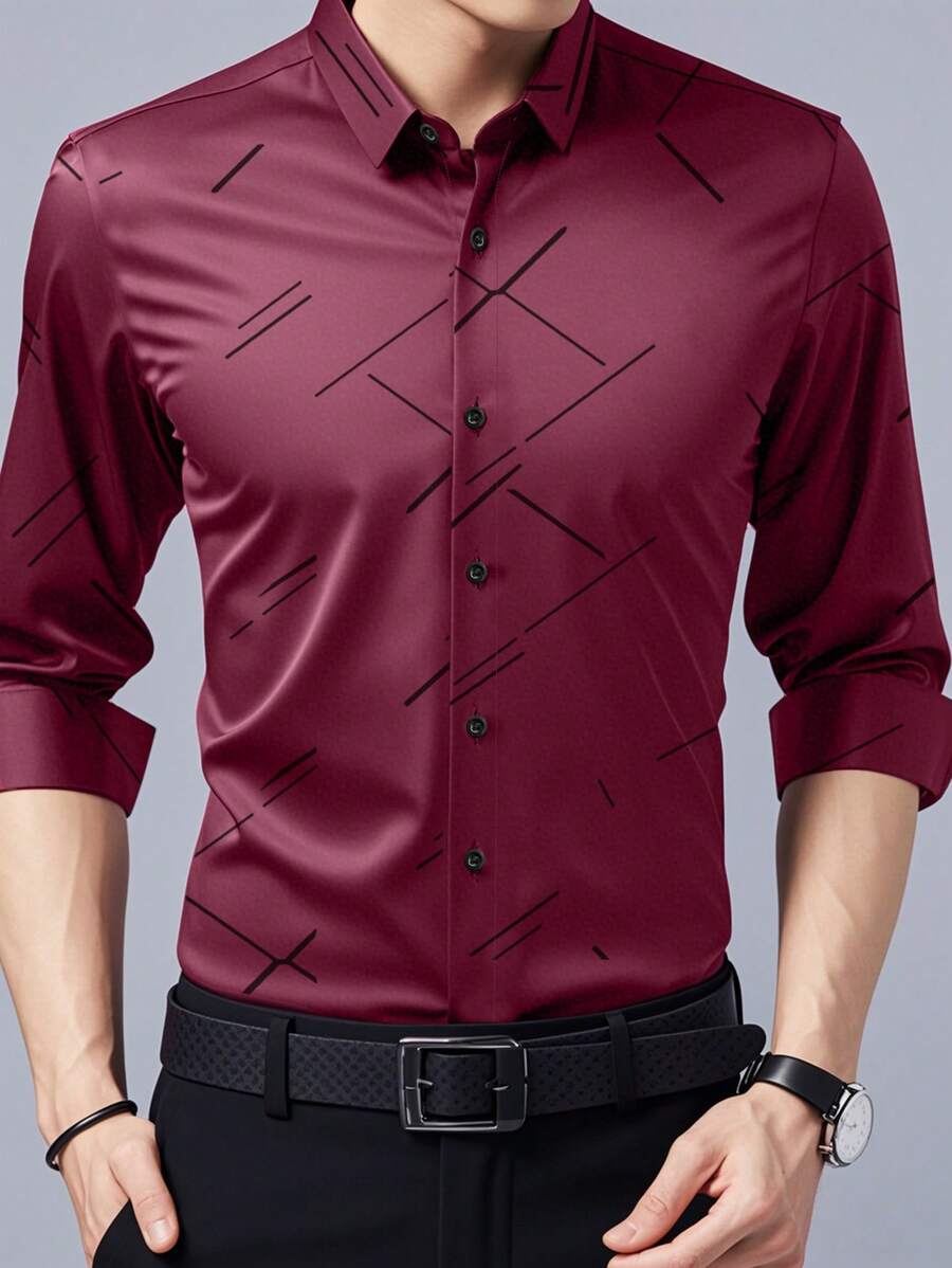Manfinity Homme 男士纯色长袖简约时尚休闲日常装 - 酒紅色 - 查看 1