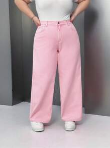 SHEIN EZwear 大码彩色直筒宽松牛仔裤 - 粉色 - 查看 1
