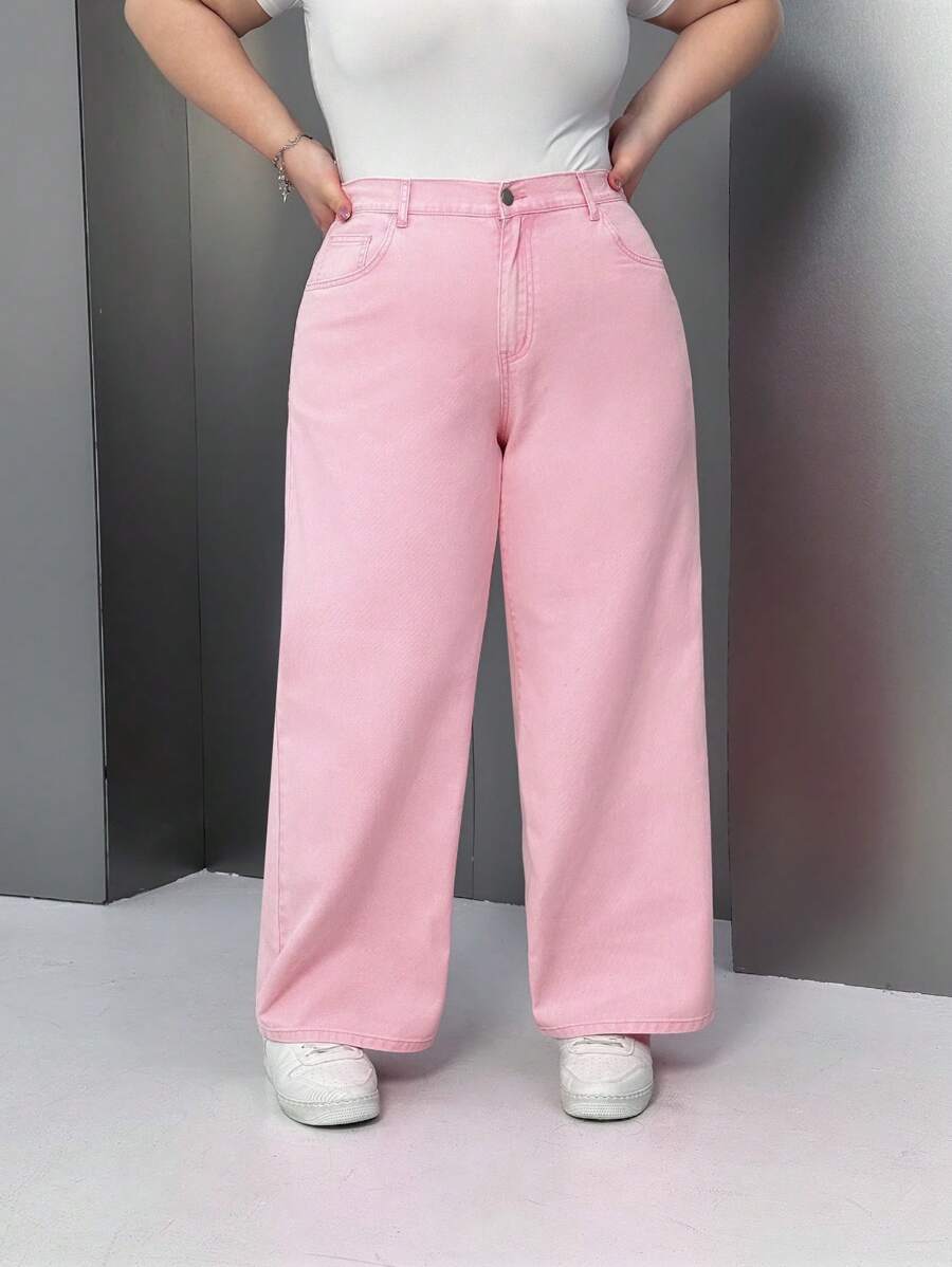 SHEIN EZwear 大码彩色直筒宽松牛仔裤 - 粉色 - 查看 1