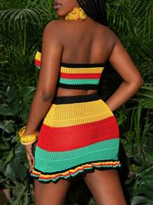 Slaydiva Summer Vacation Outfits For Woman, Strapless Knit Crop Top + Mini Ombre Ruffled Skirt Two-Piece Set, St Patrick Day, Carnival - Multicolor - View 2