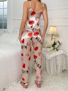 Lip Print & Letter Silk Spaghetti Strap Long Pants Pajama Set - Multicolor - View 2