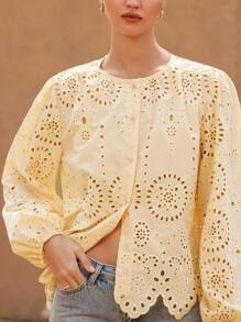 Aveloria Rosie Embroidered Trim Round Neck Long Sleeve Blouse For Women Boho Vacation Fashionable Style For Spring Fall - Champagne - View 4