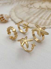 ROMWE Goth 4 pièces Bagues de mode style océan - Étoile de mer brillante, coquille, bagues en métal géométriques, bague ouverte. Cadeaux pour femmes, filles, épouses