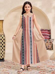 SHEIN Vestito senza maniche da ragazza pre-adolescente, casual ed elegante, con colletto e motivo retrò a colori - Beige - Visualizzare 4
