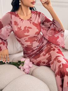 Modelyn Robe élégante femme col rond long à fleurs en maille, coupe ajustée évase en forme de sirène, romantique