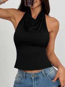 SHEIN Unity Casual Sexy Draping Collar, Draped Neck, Open Back Tie Up Blouse - Black - View 4