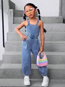 SHEIN 年轻女孩的 Y2K 牛仔无袖连体裤，后背带大蝴蝶结装饰，女童春夏休闲度假乡村波西米亚风服装，春假海滩装女童露背连体裤，音乐会服装，年轻女孩的西部街头服装 - 中等水洗藍 - 查看 3