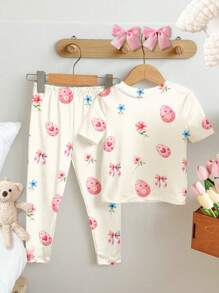 SHEIN Leap Crew 2pcs Young Girl Casual Cute Rabbit & Floral Print Short Sleeve T-Shirt And Skinny Pants Loungewear Set, Suitable For Spring/Summer - Multicolor - View 2