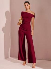 SHEIN BAE 女式不对称褶皱阔腿连体裤，适合春夏季度假、海滩、泳池派对、庆典、约会之夜、外出 - 酒紅色 - 查看 4