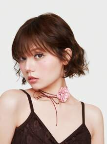 ROMWE Fairycore Vòng cổ hoa vải thủ công, màu trơn tối giản - Bụi hồng - Xem 1