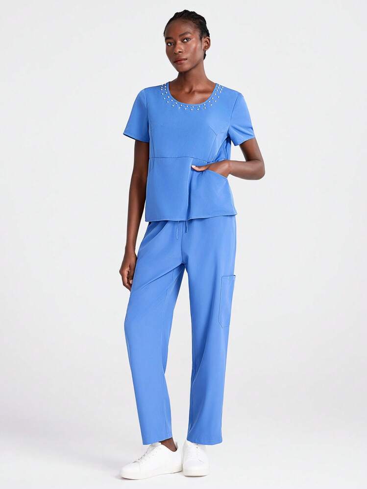 TaskEZ Women's Beaded Round Neck Short Sleeve Top And Pants Nursing Scrub Uniform Set - Blue - View 7