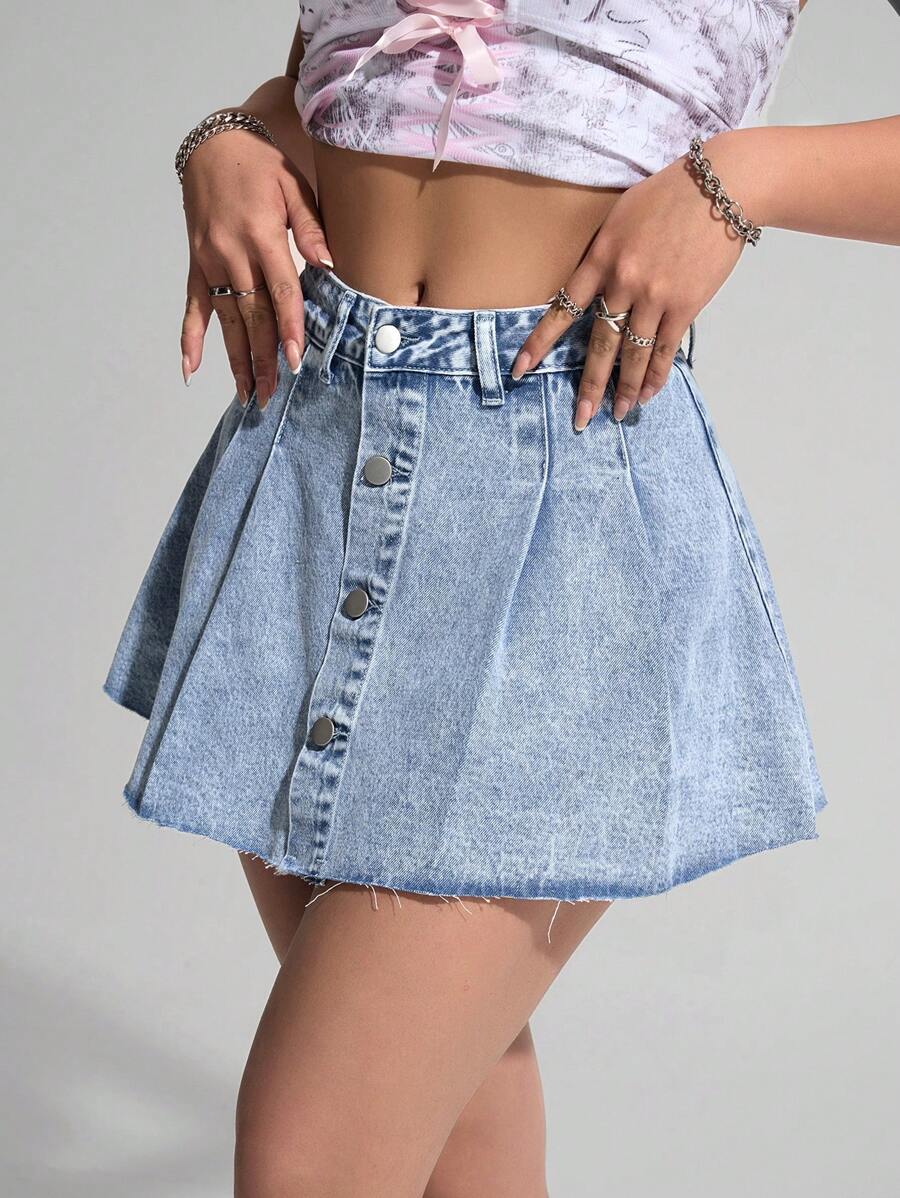 SHEIN PETITE Women Casual Denim Pleated Skirt - Light Wash - View 1