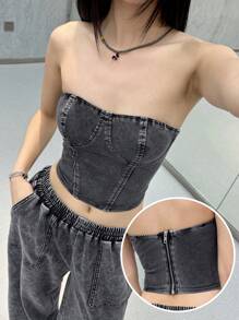 SHEIN EZwear K-Vae 女式性感弹力修身短款黑色牛仔抹胸，女式夏季，女式束身衣上衣，短款上衣，女式外出上衣，女式牛仔女郎，女式演唱会，春假，趣味上衣，狂欢，辣妹，韩式休闲，高街，韩国女子组合风格 - 深灰色 - 查看 1