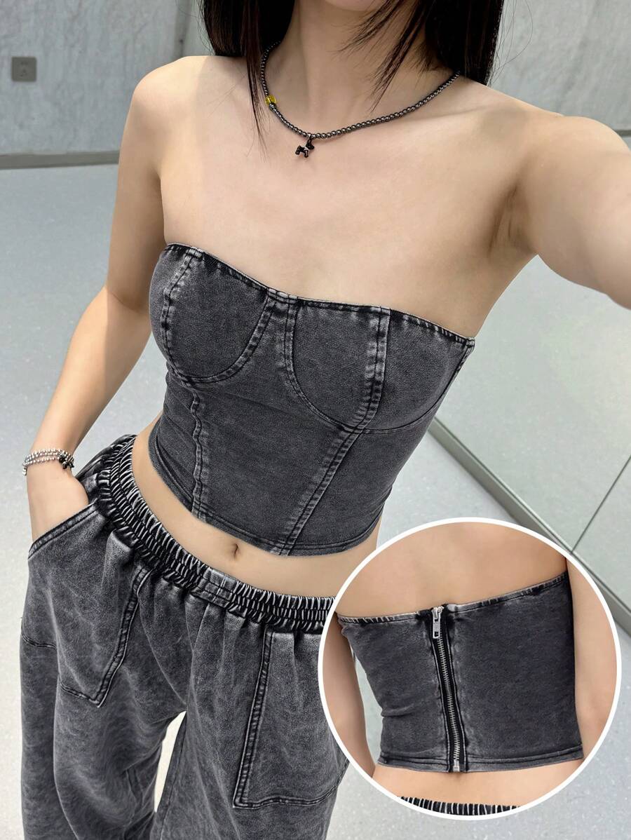 SHEIN EZwear K-Vae 女式性感弹力修身短款黑色牛仔抹胸,女式夏季,女式束身衣上衣,短款上衣,女式外出上衣,女式牛仔女郎,女式演唱会,春假,趣味上衣,狂欢,辣妹,韩式休闲,高街,韩国女子组合风格 - 深灰色 - 查看 1