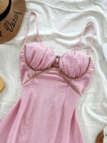 Soleia Bohemian Pink Gold Summer 70s Party Vacation Holiday Beaded Cut-Out Spaghetti Strap Woven Sun Dress For Women,Boho Floral Rave Outfits,Sun - Pink - View 5