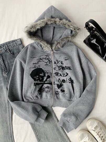 Comfortcana 女士骷髅印花撞色毛边连帽短款运动衫、冬装、长袖上衣