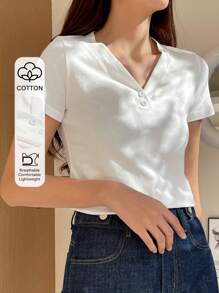 DAZY 女士纯色半扣T恤、短款上衣 - 白色 - 查看 1